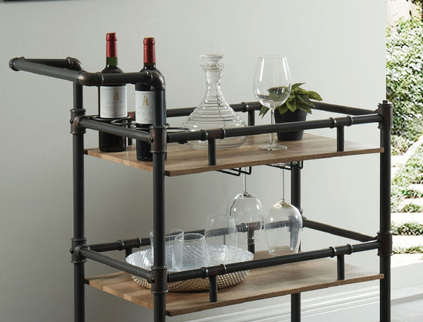 English Elm Industrial Industrial Style Antique Black Oak 3-Tier Serving Cart with Metal Pipe Frame, Wheels - Rustic Server B011P191544