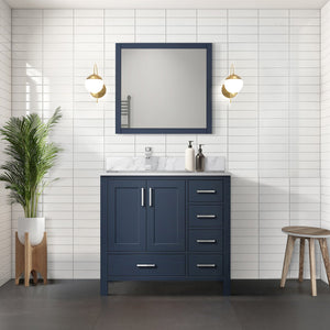 English Elm Navy Solid Wood Bath Vanity 36" W x 22" D Left Offset with Carrara Marble Top, Soft-Close Drawers B2731P258856