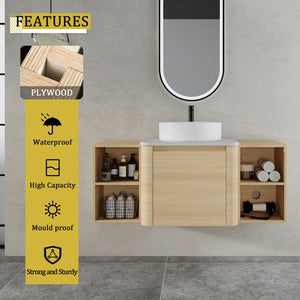English Elm 48'' Wall-Mounted Bathroom Vanity With Elegant Ceramic Sink, Soft-Close Door & Open Storage Shelves W999S00469