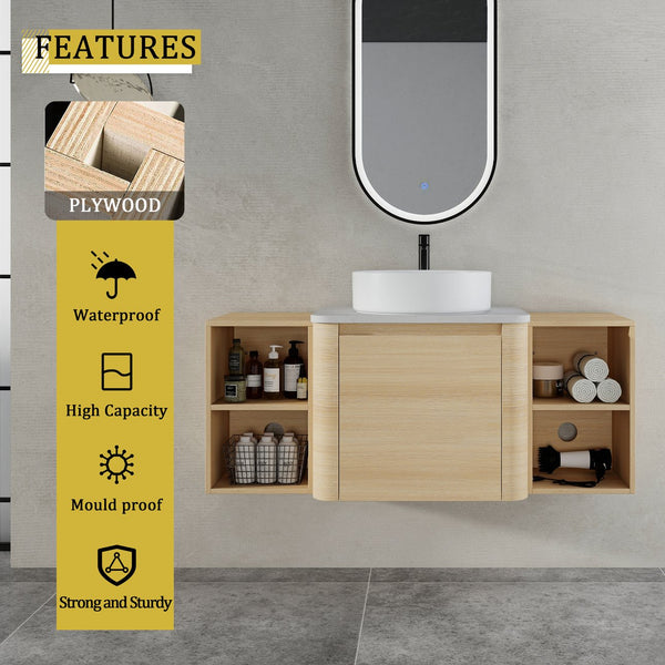 English Elm 48'' Wall-Mounted Bathroom Vanity With Elegant Ceramic Sink, Soft-Close Door & Open Storage Shelves W999S00469