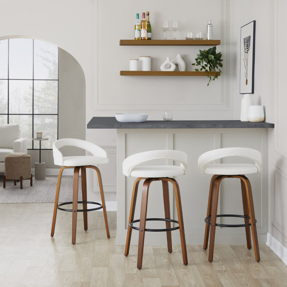English Elm Fixed-height Swivel Barstools Walnut Bentwood Frame Faux Leather Seats Set of 2 B202S01859