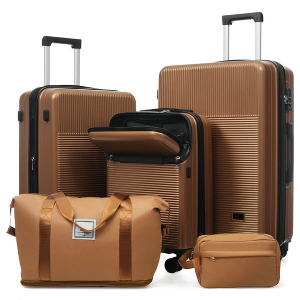 English Elm Luggage 5 Piece Hardside Abs Set with Front Access Carry on and Tsa Spinner Wheels Brown N732P391579O