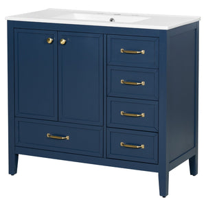 English Elm 36" Solid Pine Bathroom Vanity with Ceramic Sink 4 Soft Close Drawers Vintage Style Blue N759S293646C