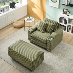 English Elm Green corduroy single sofa with ottoman storage, built-in armrest compartments, removable covers, 57"x41" W1658S00136