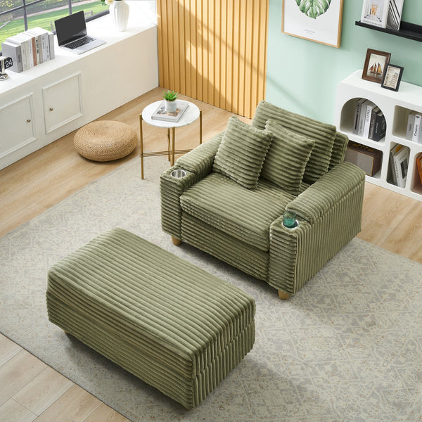 English Elm Green corduroy single sofa with ottoman storage, built-in armrest compartments, removable covers, 57"x41" W1658S00136