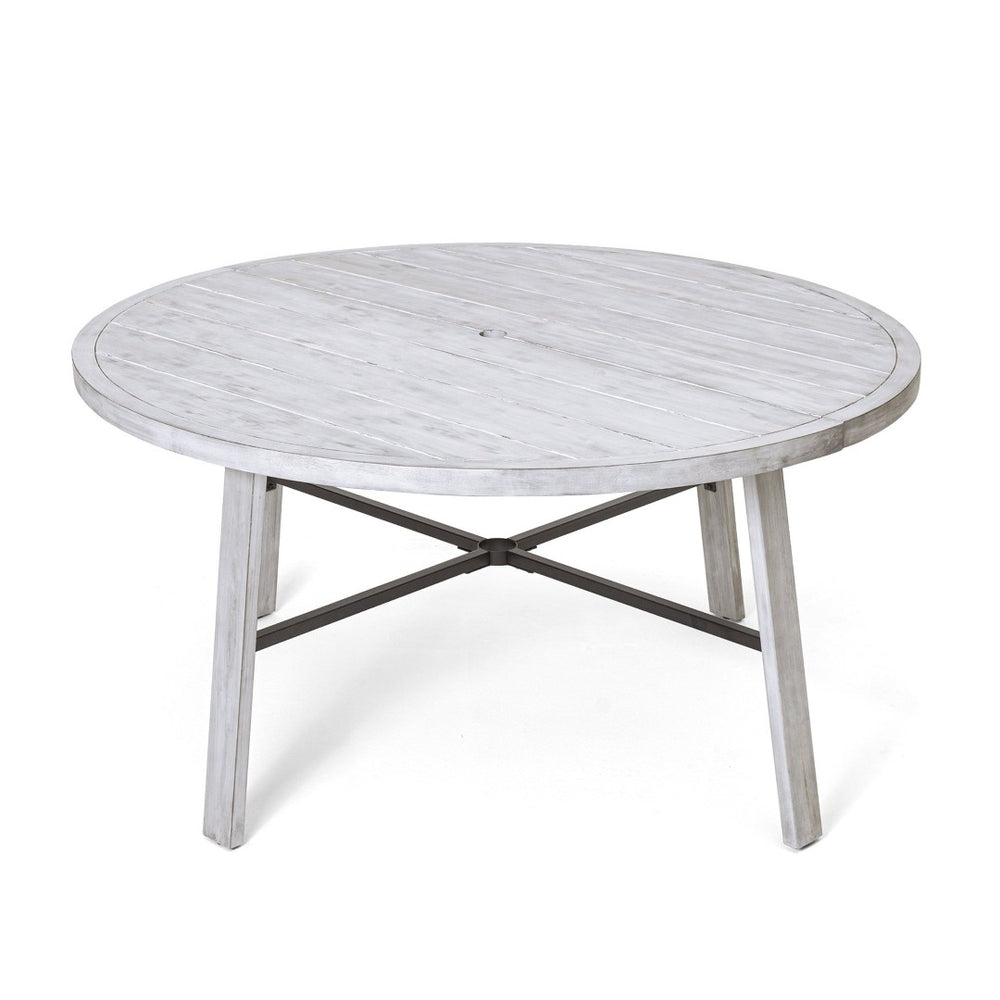 English Elm Outdoor Acacia Hardwood Dining Table with Umbrella Hole Iron Base Seats Six WF321703AAE