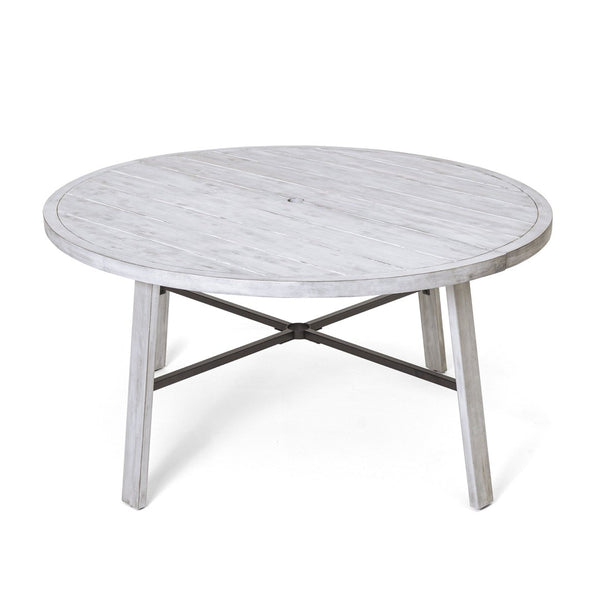 English Elm Outdoor Acacia Hardwood Dining Table with Umbrella Hole Iron Base Seats Six WF321703AAE