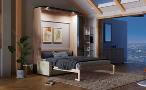 English Elm Queen Murphy Platform Bed with Foldaway Cabinet, Built-In LED, Side Cabinets & Drawers for Small Spaces Beige N7090002230A