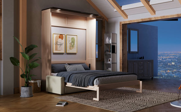 English Elm Queen Murphy Platform Bed with Foldaway Cabinet, Built-In LED, Side Cabinets & Drawers for Small Spaces Beige N7090002230A