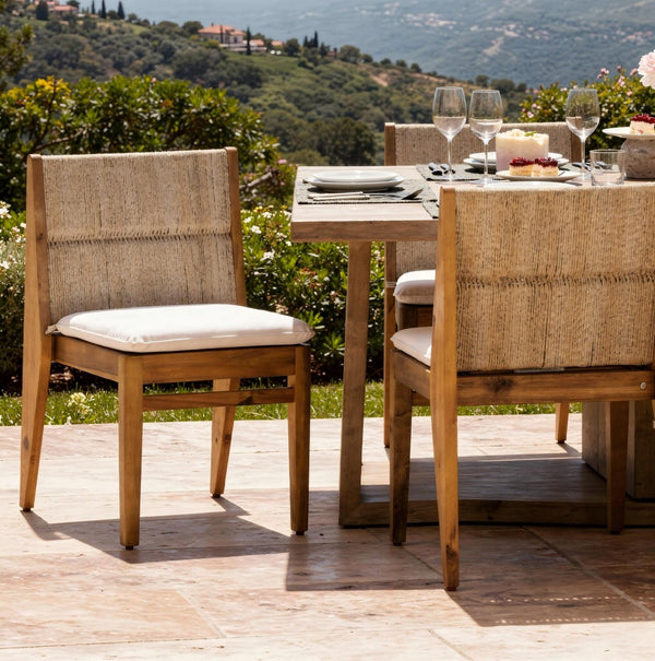 English Elm Acacia Hardwood Outdoor Dining Chairs with Wicker Detail and Cushions Set of 2 N772P384695T