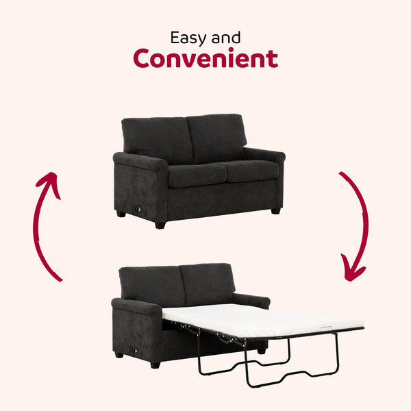 English Elm Convertible Twin Sleeper Sofa with USB Ports — Dark Gray 54" Compact 2-Seater Sofa Bed with Pocket Springs, Linen Upholstery & Side Outlet for Small Spaces B011P198404