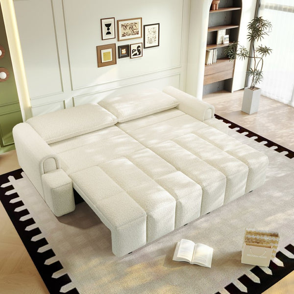 English Elm 90.2" Plush Teddy Fabric Convertible Sleeper Sofa with Hidden Storage for Living Room Beige+White W1885S00311
