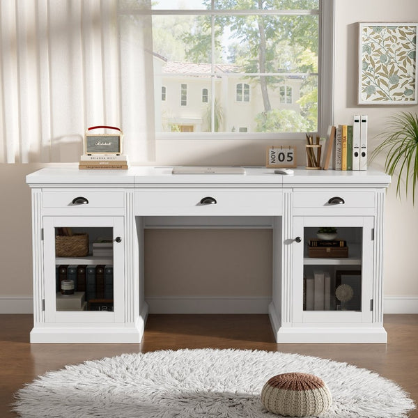 English Elm 67" White Executive Desk with Cabinet Storage Drawers and Usb Ports for Home Office N751S415499K