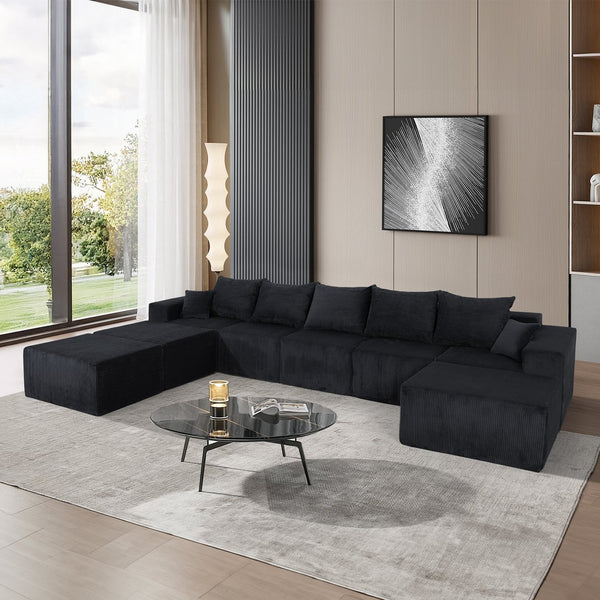 English Elm 8-Piece Modular U-Shaped Sectional Sofa with Oversized Chaise and Bed, Corduroy Luxury, No Assembly Needed Black W3163S00042