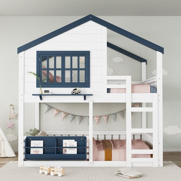 English Elm Full Bunk Bed with Trundle Bookshelf Storage Pine Frame Car Design for Kids White W1580S00552