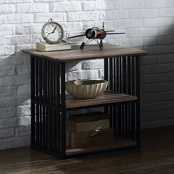 English Elm Rustic Industrial Nightstand with Black Metal Frame and Antique Oak Top, 2 Open Shelves, 22" W B011P316888