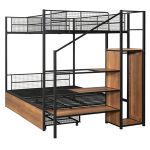 English Elm Twin Metal Bunk Bed Twin-Over-Full with Built-In Drawer, Ladder Storage, Wardrobe & Trundle Utility Black SF000174AAB