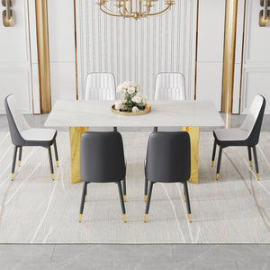English Elm Table And Chair Set - Modern Glass Top With Imitation Marble And Gold Legs, 6 Stylish Pu Chairs W1151S04357-GIGA