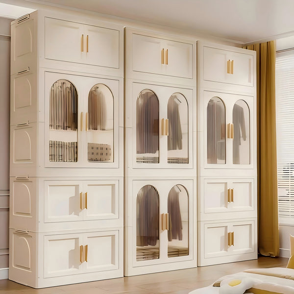 English Elm 25.59" Cream White Folding Wardrobe with Wheels, Magnetic Door, Durable PP, 1 Closet + 3 Boxes +10 Hangers W2873P239389