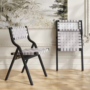 English Elm Wood Folding Dining Chairs Woven Rattan Seat Webbing Back Teak Finish Set of 2 T3623P431374
