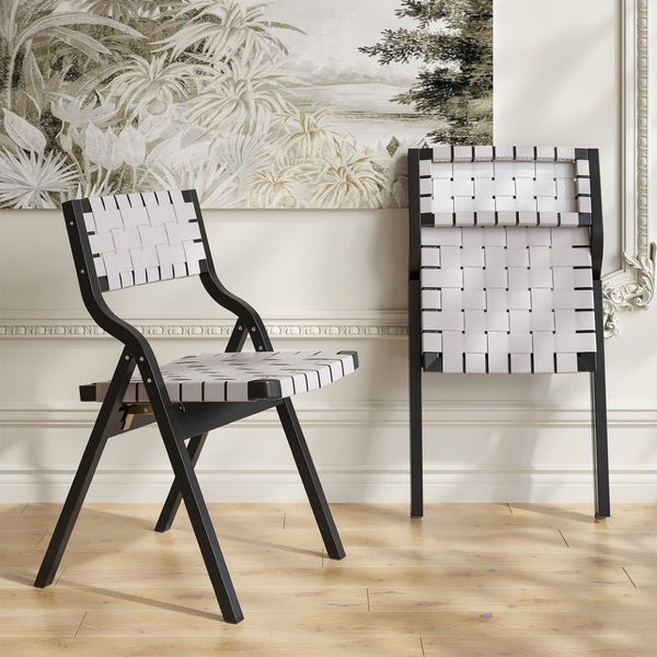English Elm Wood Folding Dining Chairs Woven Rattan Seat Webbing Back Teak Finish Set of 2 T3623P431374