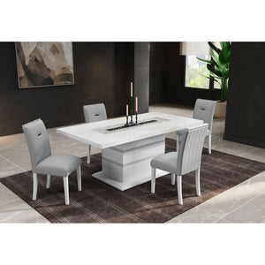 English Elm ARIYA White Dining Table and 4 Chairs Set – Contemporary High-Gloss Solid Wood & Glass Pedestal Design B201S00391