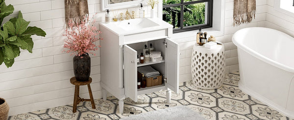 English Elm 24'' Modern Bathroom Vanity with Ceramic Basin, Solid Wood Frame, Soft-Close Doors, Ample Storage White N710P190503K
