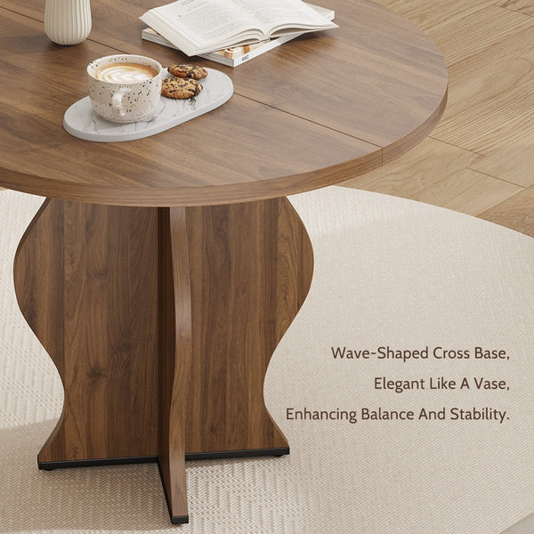 English Elm 31.5 Inch Round Farmhouse Dining Table Wave Pedestal Veneer Top Seats Two Walnut T5618P448232