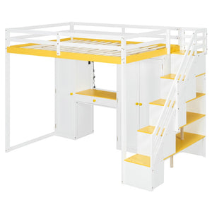 English Elm Full Size Teen Loft Bed with Staircase Shelves Wardrobe Vanity and Led Lighting LT000276AAL