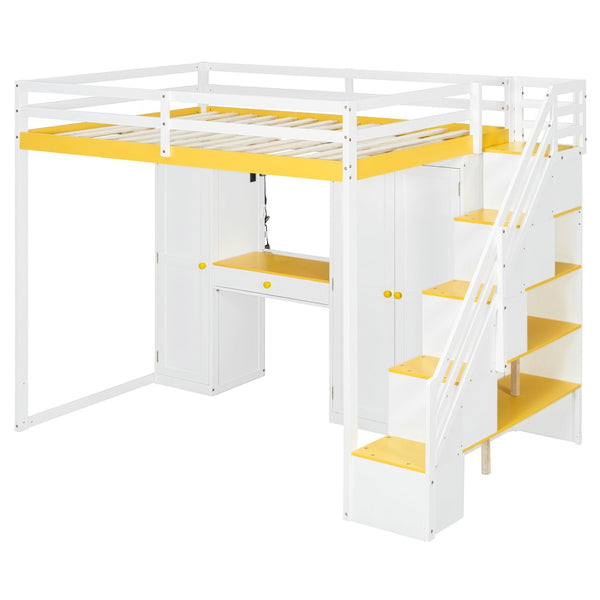 English Elm Full Size Teen Loft Bed with Staircase Shelves Wardrobe Vanity and Led Lighting LT000276AAL