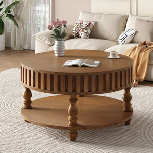 English Elm Farmhouse Fluted Square Coffee Table with Flip Top Hidden Compartment and Open Shelf Walnut Brown W1445P370480