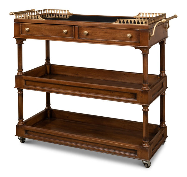 Sarreid Capital Serving Cart - Elegant Fruitwood Finish With Solid Walnut, Black Granite Top & Brass Accents Brown  26792