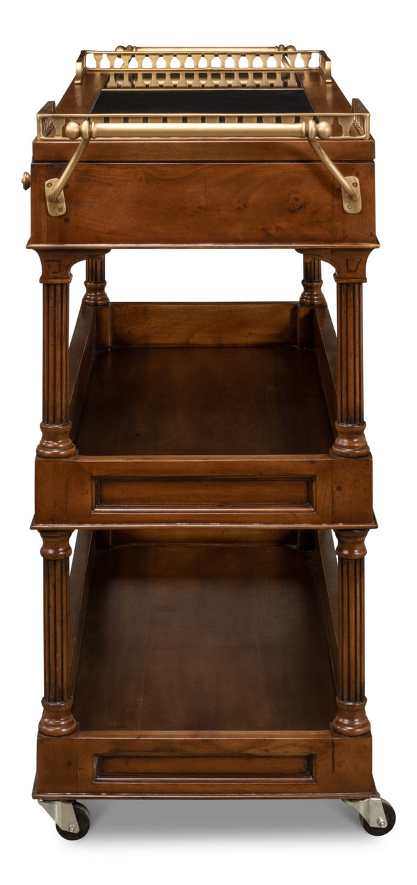 Sarreid Capital Serving Cart - Elegant Fruitwood Finish With Solid Walnut, Black Granite Top & Brass Accents Brown  26792