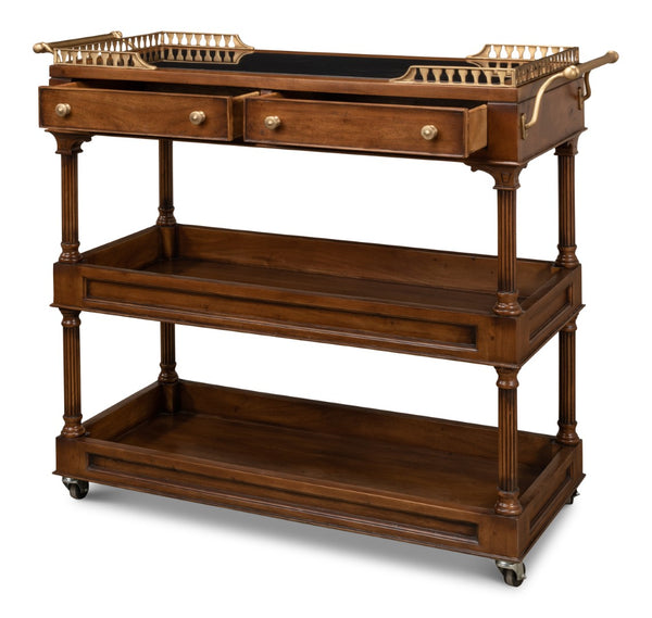 Sarreid Capital Serving Cart - Elegant Fruitwood Finish With Solid Walnut, Black Granite Top & Brass Accents Brown  26792