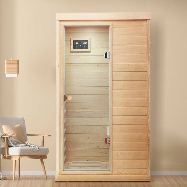 English Elm Hemlock Wood Single Person Far Infrared Sauna with Bluetooth Speaker and Glass Door W632S00007