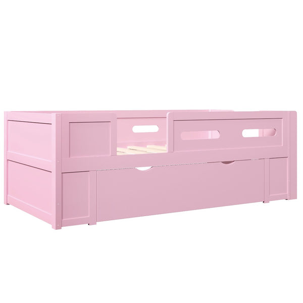 English Elm Wood Twin Platform Bed for Kids with Fence Guardrail and Under Storage Drawer Pink N709P385777H