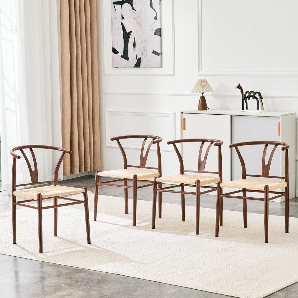 English Elm Wesborn Artisan Rope Woven Iron Dining Chair Set Medieval Y Back Industrial Style Brown W2920P430784