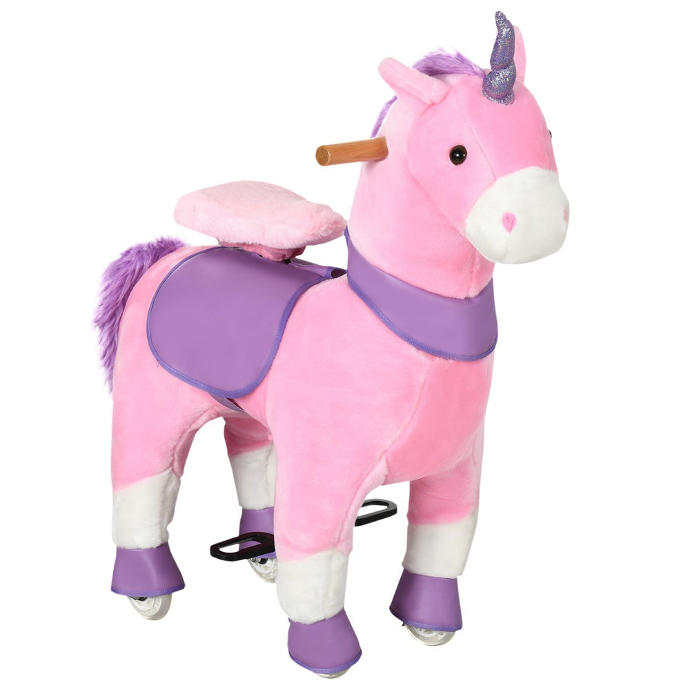 English Elm Qaba Plush Unicorn Ride on Toy with Pedal Wheels Steel Frame for Kids Ages 3 to 6 W2225P229645
