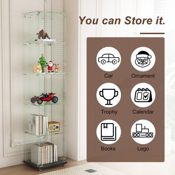 English Elm Premium 5-Tier Glass Display Case With Led Lighting, Stylish Design For Collectibles, Home & Office W2700P353066-GIGA
