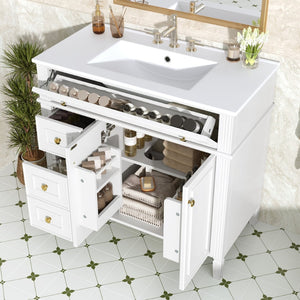 English Elm 36 Inch Freestanding Bathroom Vanity Sage Pine Cabinet Gold Hardware Ceramic Sink White N725P366468K