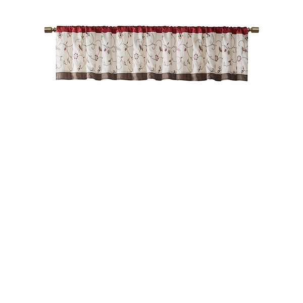 JLA Home Madison Park - Embroidered Window Valance with Floral Stitching, Lined Pleated Design Filters Light for Elegance Red MP41-1532