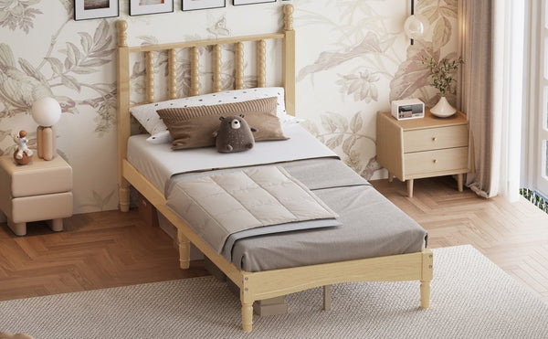 English Elm Twin Rubberwood Platform Bed Gourd Headboard Retro Bohemian Bedroom Slat Base Natural N733P427029M