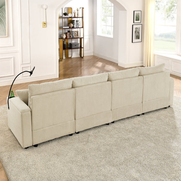 English Elm U-shaped Corduroy Sectional Sofa with Ottomans Cup Holders and Deep Lounge Seating W1117S00217