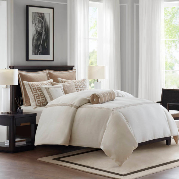 English Elm 8-piece Queen Bedding Set Slub Fabric Embroidery Velvet Accents Boutique Hotel Style Tan+Ivory B035P482955