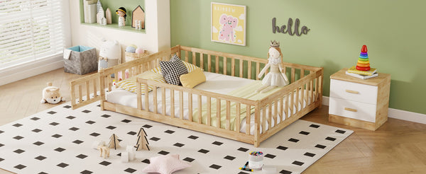 English Elm Full Size Rubberwood Floor Bed with Safety Guardrails and Latching Door for Toddlers Natural W504P429299