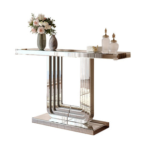 English Elm Mirrored Console Table Silver Glam Entryway Piece with Geometric U Base and Etched Detail W1445P370476