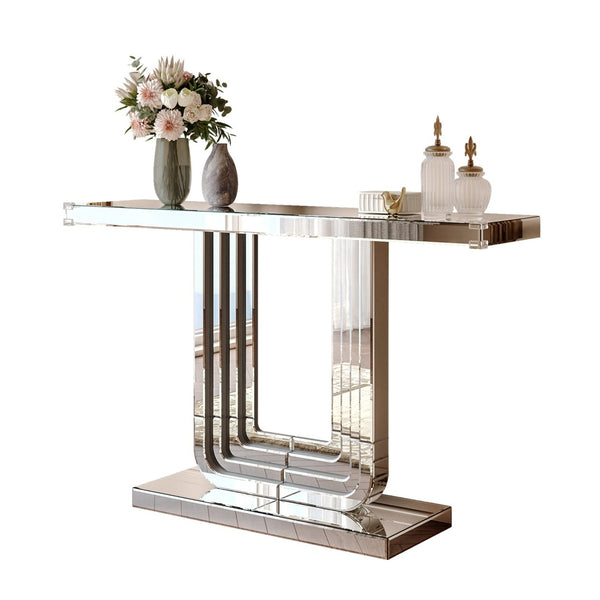 English Elm Mirrored Console Table Silver Glam Entryway Piece with Geometric U Base and Etched Detail W1445P370476