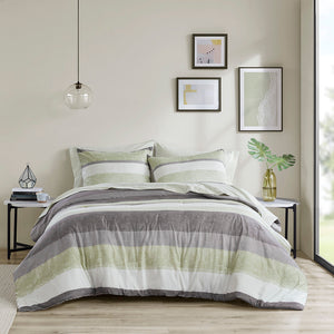 JLA Home Madison Park Essentials - Stripe Comforter Set with Coordinated Sheets, OEKO-TEX Antimicrobial Comforter, Machine Washable, Fits Up to 14" Mattress Green/Grey MPE10-1070