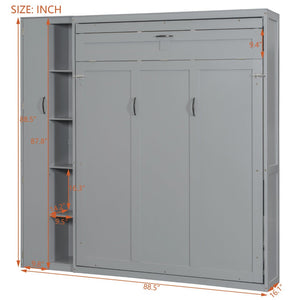 English Elm Queen Murphy Wall Bed with Led Lighting Open Shelves and Wardrobe Cabinet Storage Gray LP000899AAE-1