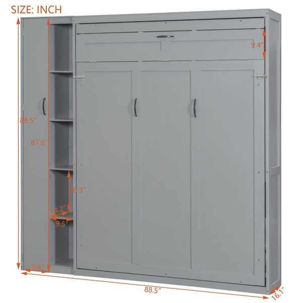 English Elm Queen Murphy Wall Bed with Led Lighting Open Shelves and Wardrobe Cabinet Storage Gray LP000899AAE-1